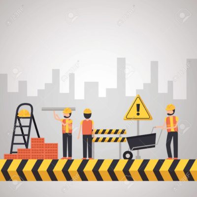 worker construction equipment workers construction wheelbarrow bricks buildings vector illustration